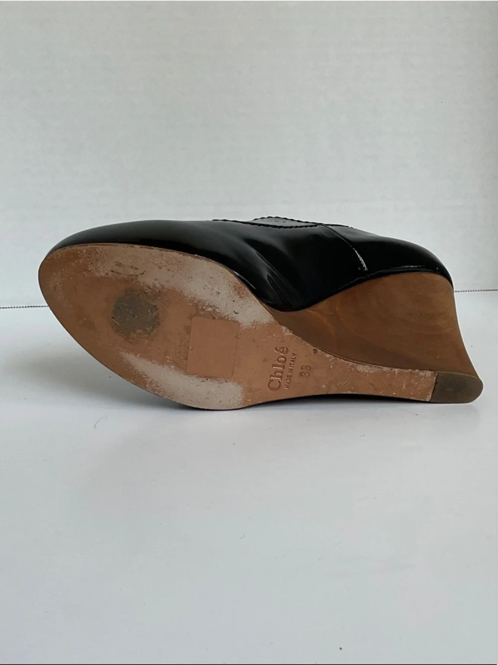 Chloe Black Patent Leather Wedge with Brown Wood Wedge Heel